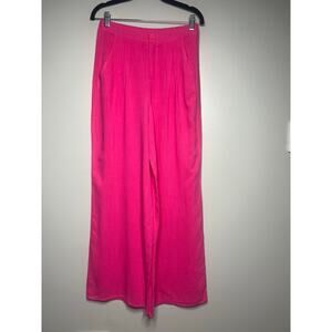 Womens Bright Pink Wide Leg Trousers Pants Pleated High Rise Linen Blend Size M